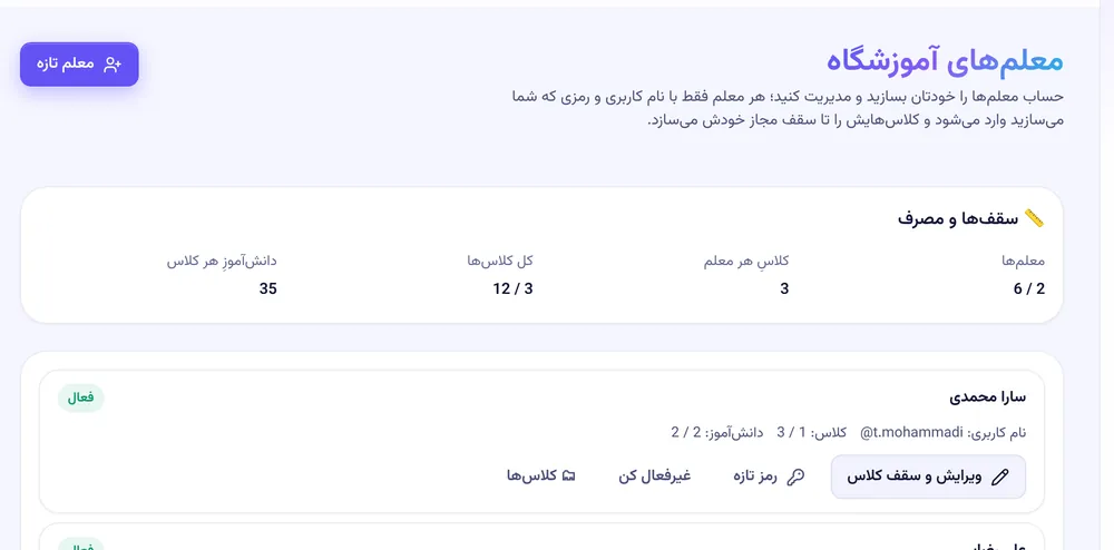 نمای پنل مدیر آموزشگاه